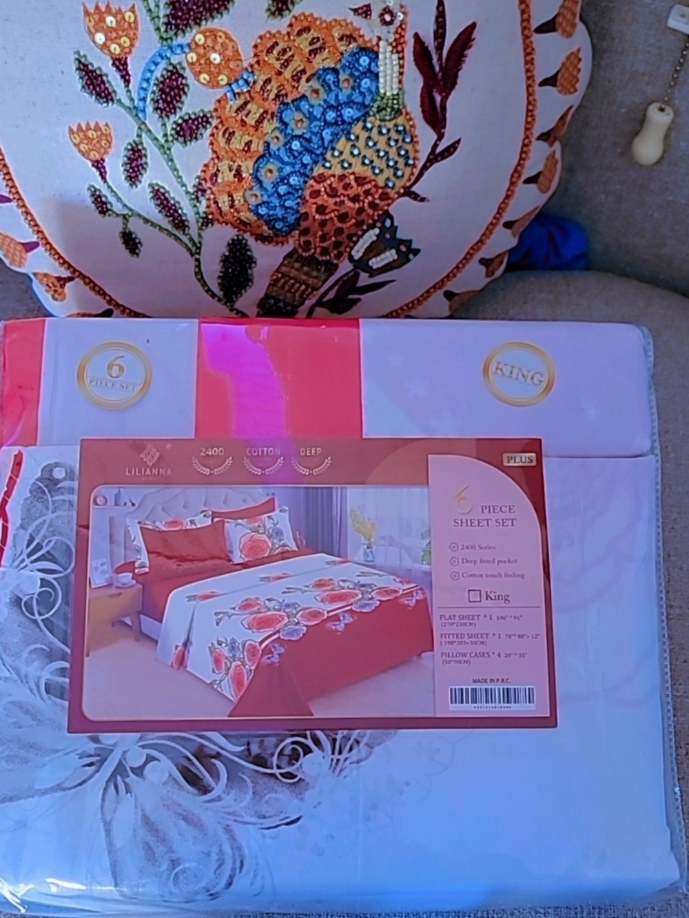 Liliana King Sheet Set in Coral and White